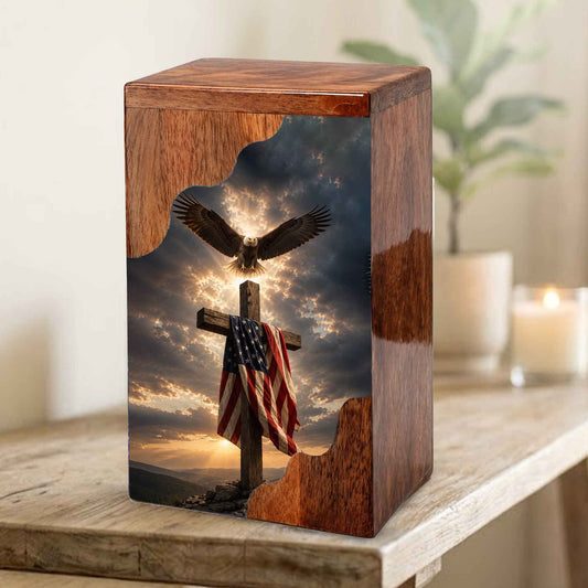 Christian Cross Wooden Cremation Urn for Human Ashes | Patriotic Religious Memorial Urn