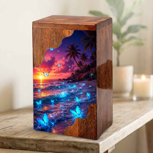 Butterfly Wooden Cremation Urn | Wooden Urn for Human Ashes | Ocean Butterfly Urn