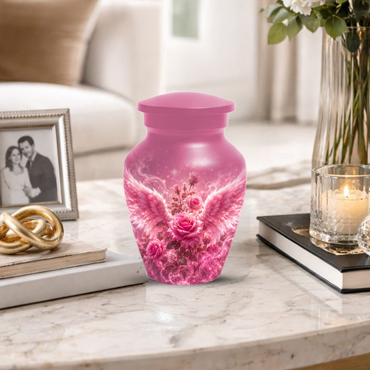 Pink Rose Cremation Urn for Ashes - Personalized Angel Wings Memorial for Mother