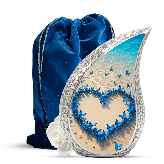Blue Butterfly Heart Memorial Urn – Beach Cremation Urn for Human Ashes