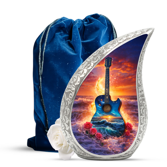 Blue Guitar Ocean Sunset Cremation Urn | Adult Memorial Urn