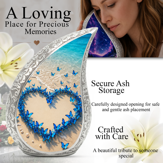 Blue Butterfly Heart Memorial Urn – Beach Cremation Urn for Human Ashes
