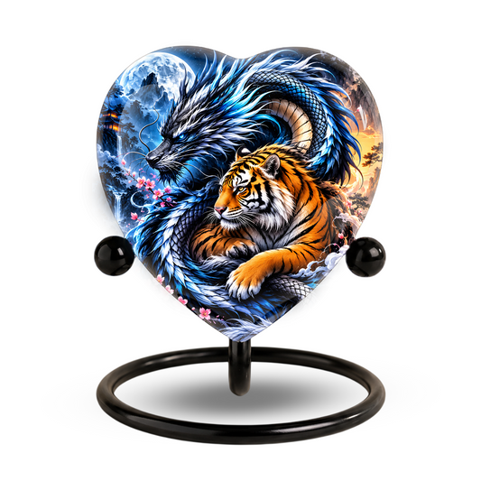 Heart Shaped Dragon and Tiger Urn for Ashes, Fantasy Animal Cremation Urn, Blue Dragon Tiger Memorial Urn for Human Ashes