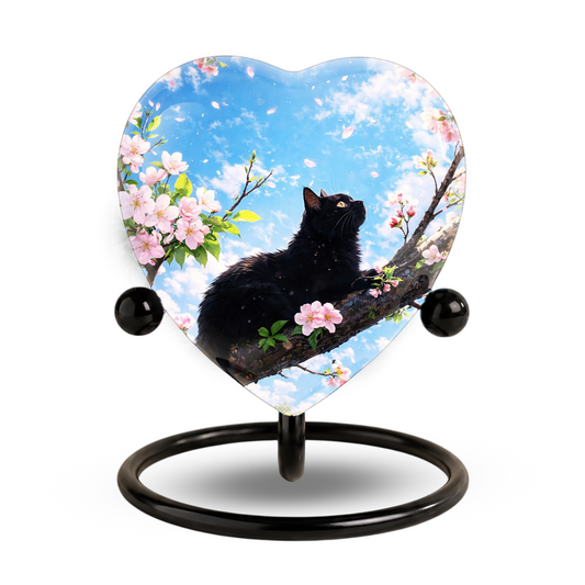 Black Cat Cherry Blossom Heart Memorial Urn – Personalised Cat Urn for Ashes,Cat Memorial Keepsake