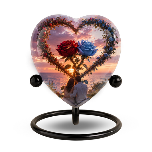 Adult Cremation Urn for Ashes, Heart Shaped Memorial Urn, Red & Blue Rose Couple Urn