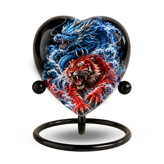 Dragon Tiger Heart Cremation Urn for Ashes, Personalized Adult Memorial Urn Heart Shaped Adult Cremation Urn