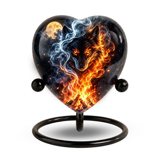 Fire and Ice Wolf Adult Urn for Ashes, Fiery Wolf Memorial Urn, Black Wolf Cremation Urn