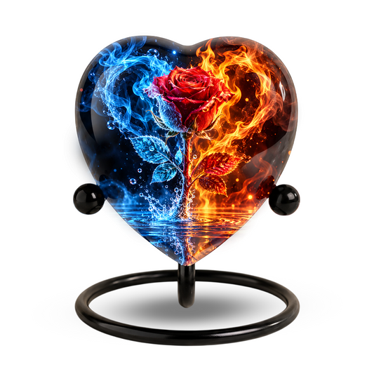 Heart Shaped Red Rose Urn for Ashes, Blue and Orange Flame Cremation Urn
