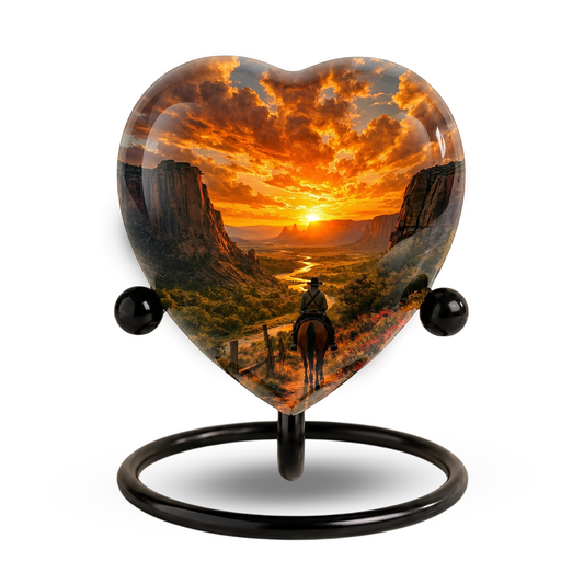 Cowboy Sunset Urn for Dad – Western Heart Shaped Memorial Urn for Father, Son & Men