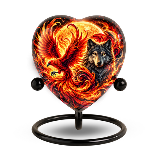 Heart Shaped Wolf and Phoenix Urn for Ashes, Personalized Fantasy Cremation Urn