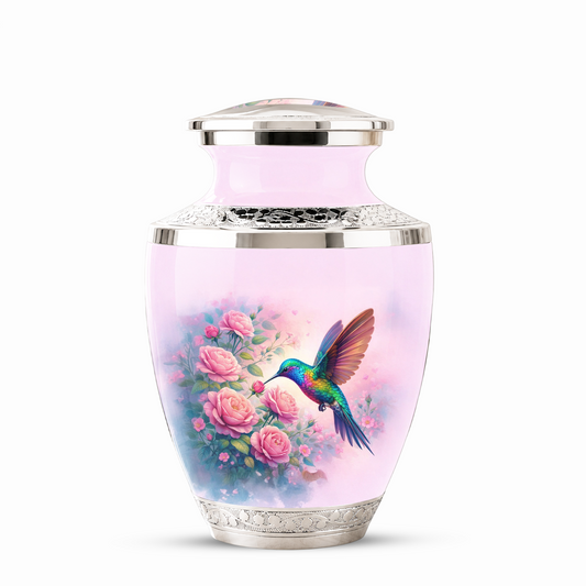 Floral Hummingbird Cremation Urn for Mom, Pink Rose Memorial Keepsake Urn
