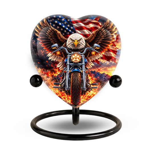 Heart Shaped Eagle Motorcycle Urn for Ashes, American Flag Cremation Urn, Patriotic Biker Memorial Urn for Human Ashes