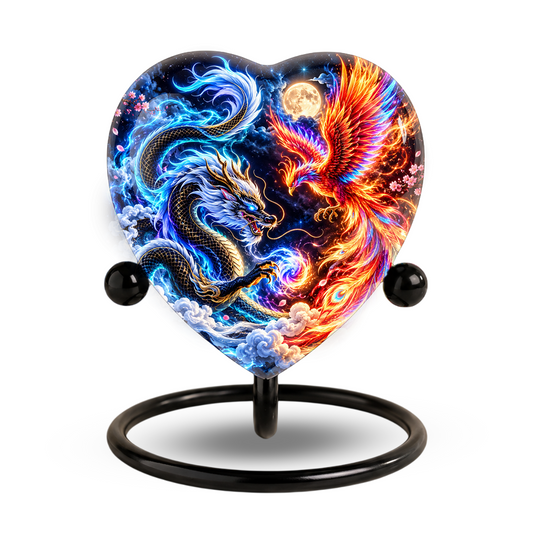 Heart Shaped Dragon and Phoenix Urn for Ashes, Blue Dragon Firebird Cremation Urn, Fantasy Memorial Urn for Human Ashes