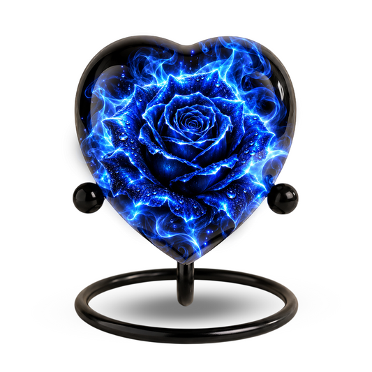 Blue Rose Adult Cremation Urn for Ashes, Personalized Blue Rose Memorial Urn, Heart Shaped Adult Urn, Blue Flower Cremation Urn