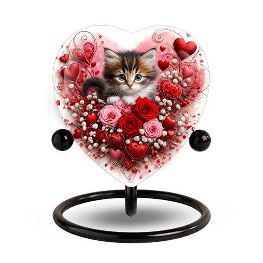 Personalized Cat Urn for Ashes – Heart-Shaped Kitten & Rose Memorial, Custom Pet Urn for Cat