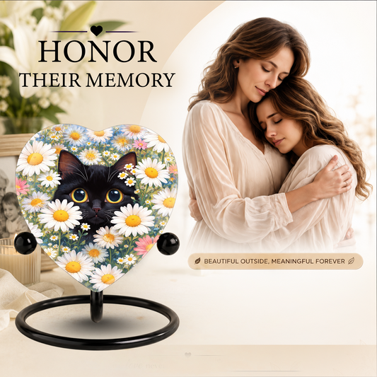 Personalized Black Cat Urn for Ashes – Heart-Shaped White Daisy Memorial,Floral Cat Cremation Urn