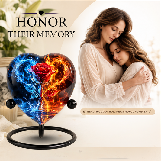 Heart Shaped Red Rose Urn for Ashes, Blue and Orange Flame Cremation Urn