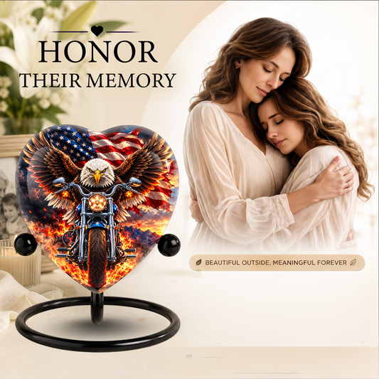 Heart Shaped Eagle Motorcycle Urn for Ashes, American Flag Cremation Urn, Patriotic Biker Memorial Urn for Human Ashes