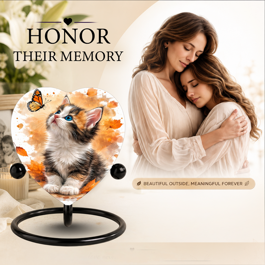Personalized Cat Urn for Ashes – Autumn Kitten Butterfly Memorial Pet Urn