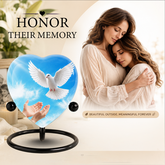 Dove Urn for Ashes, Heart Shaped Adult Cremation Urn, Peaceful White Dove Memorial Urn