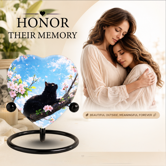 Black Cat Cherry Blossom Heart Memorial Urn – Personalised Cat Urn for Ashes,Cat Memorial Keepsake