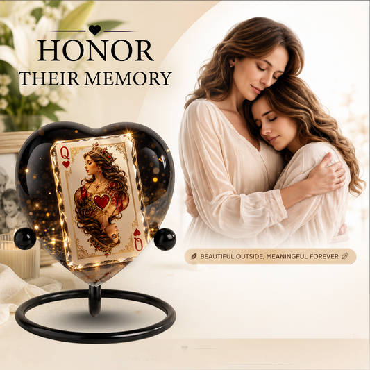 Queen of Hearts Urn – Queen of Hearts Cremation Urn, Playing Card Memorial Urn, Heart-Shaped Adult Urn for Ashes