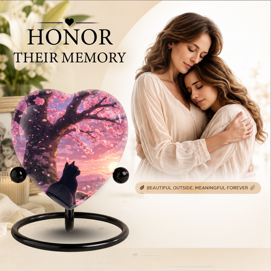 Cherry Blossom Cat Memorial Urn – Black Cat Sunset Heart Urn,Cat Memorial Keepsake Urn for Ashes