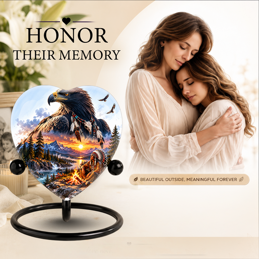 Eagle Adult Urn for Ashes, Native American Inspired Memorial Urn, Bald Eagle and Mountain Sunset Cremation Urn