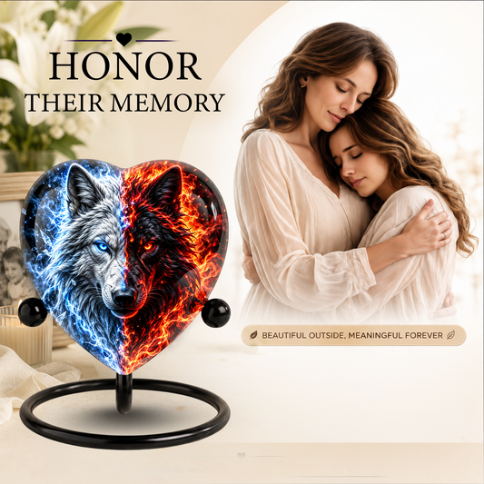 Wolf Heart Cremation Urn for Ashes, Personalized Adult Memorial Urn, White and Black Wolf Urn,