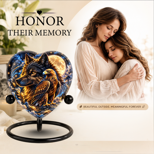Heart Shaped Wolf and Eagle Urn for Ashes, Wildlife Cremation Urn, Celestial Moon Animal Memorial Urn