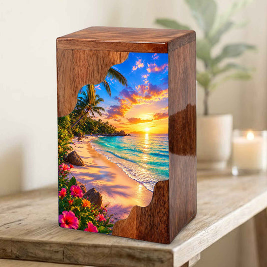 Tropical Beach Wooden Cremation Urn – Sunset Ocean Memorial Urn with Island Paradise Artwork
