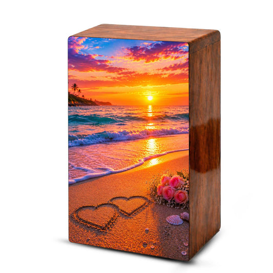 Wooden Beach Urn For Human Ashes – Ocean Heart Cremation Keepsake For Adults
