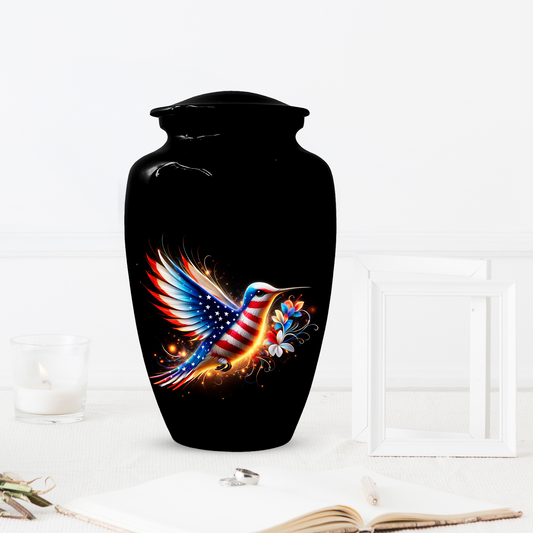 Patriotic Hummingbird Urn for Ashes, American Flag Memorial Urn
