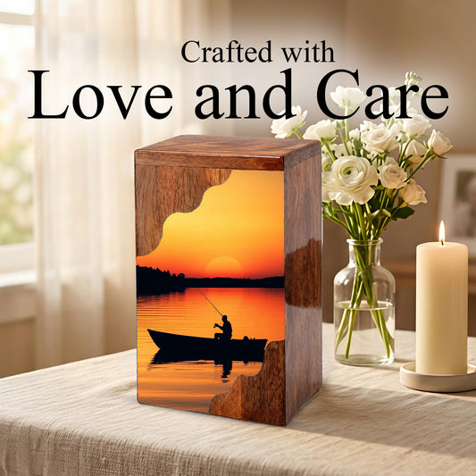 Sunset Lake Fishing Wooden Cremation Urn – Fishing in Heaven Memorial Wooden Urn for Human Ashes