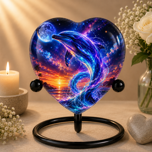 Neon Dolphin Urn for Ashes, Ocean Memorial Urn, Heart Shaped Dolphin Urn