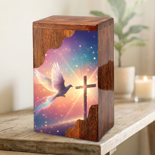 Dove Cross Wooden Cremation Urn – Christian Memorial Wooden Urn for Human Ashes