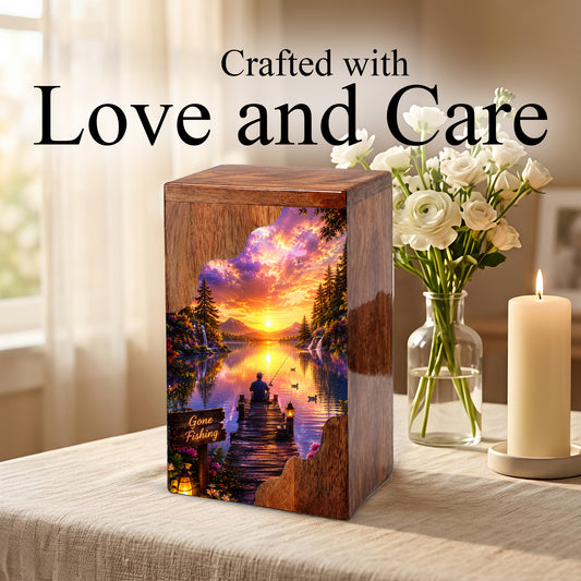 Fishing Wooden Cremation Urn – Sunset Lake Memorial Urn for Human Ashes