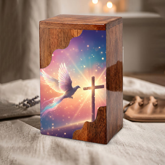 Dove Cross Wooden Cremation Urn – Christian Memorial Wooden Urn for Human Ashes