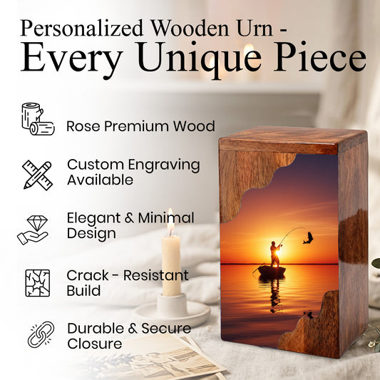 Fishing Cremation Urn for Dad – Custom Wooden Memorial Urn Box for Ashe