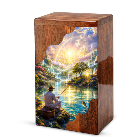 Fishing in Heaven Wooden Cremation Urn – Heavenly Fishing Memorial Urn for Human Ashes