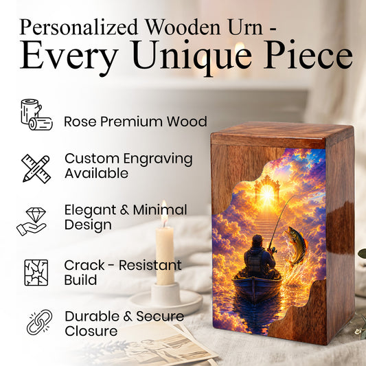 Gone Fishing in Heaven Wooden Cremation Urn – Personalized Memorial Urn for Human Ashes