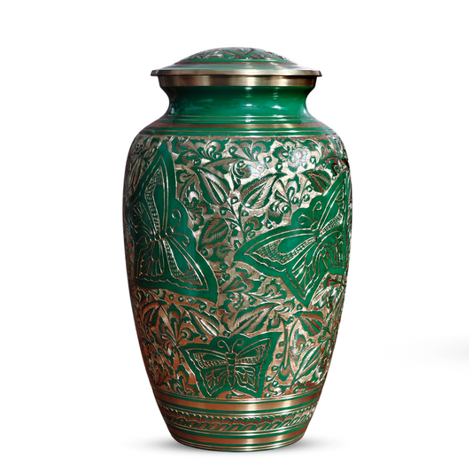 Green Butterfly Burial Urn For Human Ashes - Engraved Burial Brass Urns