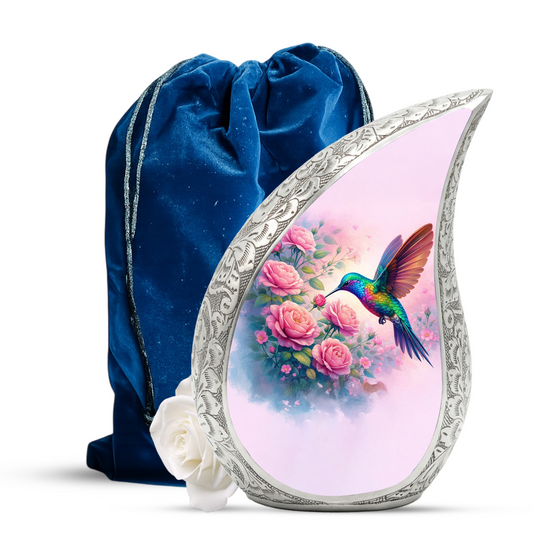 Personalized Hummingbird Cremation Urn – Custom Rose Memorial Urn for Ashes, Floral Teardrop Aluminum Adult Urn, 10 Inch