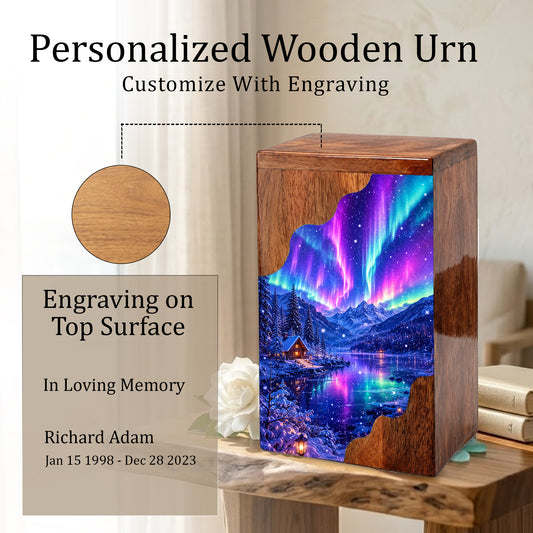 Aurora Borealis Wooden Cremation Urn – Northern Lights Memorial Urn for Human Ashes