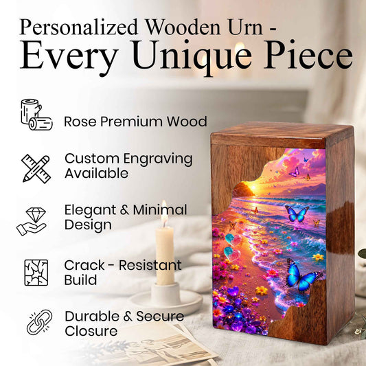 Personalized Butterfly Beach Wooden Cremation Urn – Sunset Ocean Memorial Urn with Butterflies & Floral Shore