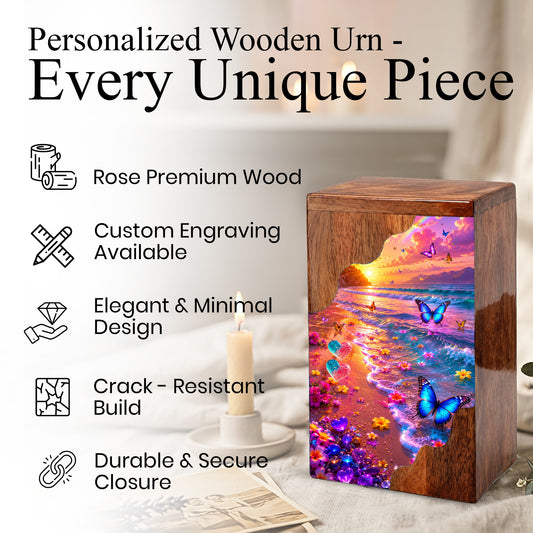 Personalized Butterfly Beach Wooden Cremation Urn – Sunset Ocean Memorial Urn with Butterflies & Floral Shore