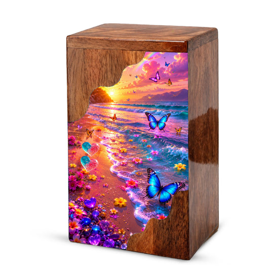 Personalized Butterfly Beach Wooden Cremation Urn – Sunset Ocean Memorial Urn with Butterflies & Floral Shore