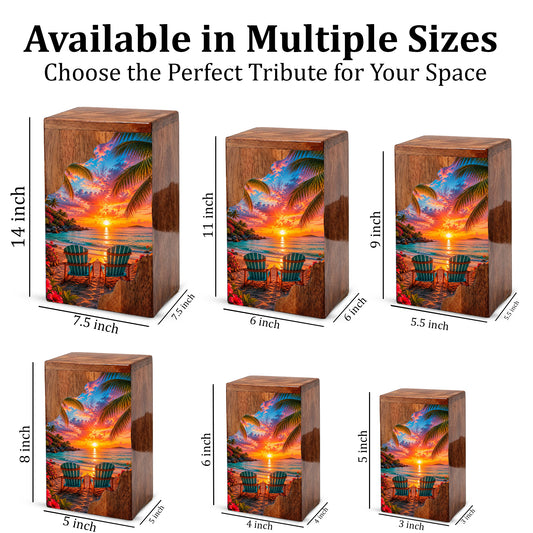 Tropical Beach Wooden Cremation Urn – Sunset Ocean Memorial Urn with Coastal Chair Artwork