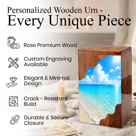 Serene Beach Wooden Cremation Urn – Personalized Memorial Urn for Human Ashes