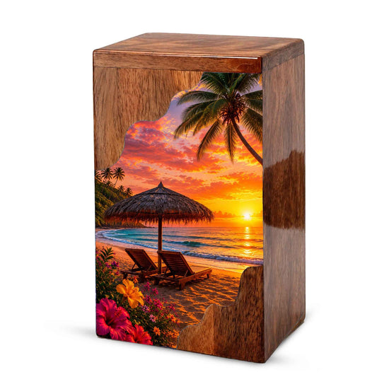 Tropical Beach Wooden Cremation Urn – Sunset Beach Memorial Urn with Palm Tree & Ocean Artwork